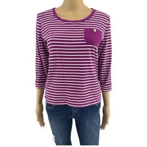Jones New York (M) Purple White Striped  Rolled Cuff 1/2 Sleeve Boat Tee Shirt